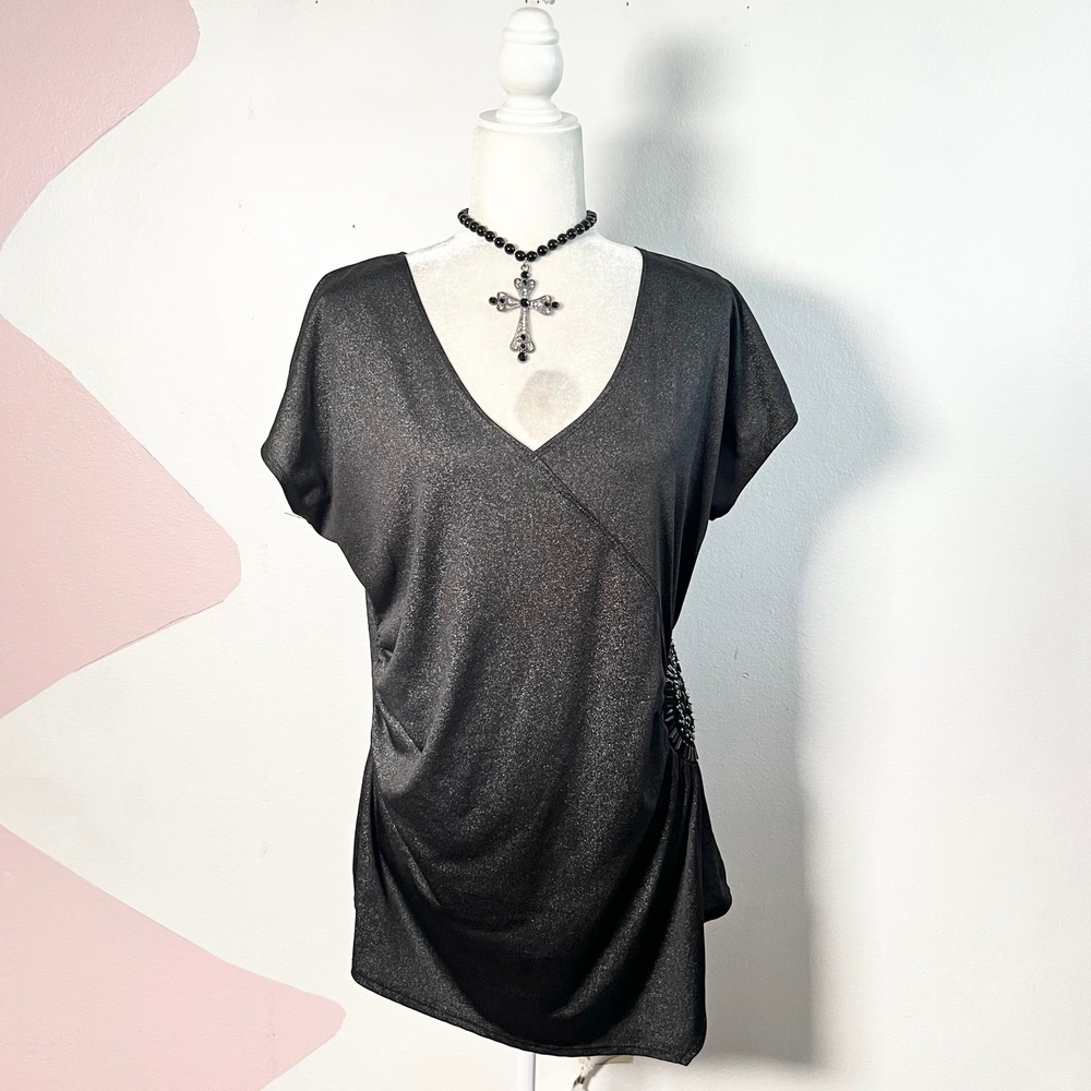 Vtg y2k 2000s Top XL Black Metallic Ruched Beaded 90s Vintage